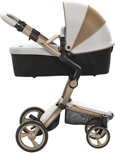 mima Xari Dolce Vita 2in1 Pushchair with Champagne Chassis. Here shown as parent facing carrycot.