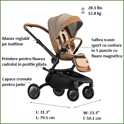 mima Creo are: manerul regalbil 3 pozitii, capace cromate pentru roti, carlig pentru fixarea caruciorului in pozitie pliata si centura de siguranta cu prindere magnetica.