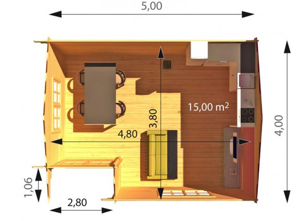 Casa din lemn Oslo cu randare interioara si dimensiuni.