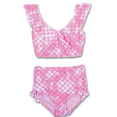 Costum de baie fetite 2 piese Bubblegum Pink Eyelet Ruffle High Waist 2-14 ani, UV50+