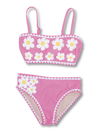 Costum de baie fetite, 2 piese, Crochet Bikini Hot Pink, 7-12 ani, UV50+