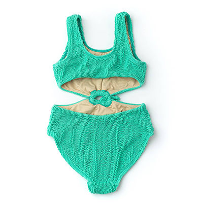 Green Girls Crinkle Texured Cinched Ring Monokini Swimsuit 7-14y, UV50+, by Shade Critters