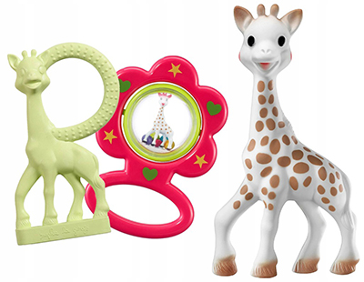 Set cadou saculet Vulli, Girafa Sophie | Incliude: Girafa Sophie din cauciuc natural, inel gingival, zornaitoare si saculet.